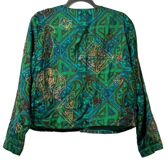 Chico’s women's sz 1 (M/8) green embroidered 100% silk long sleeve bolero jacket - Picture 3 of 6